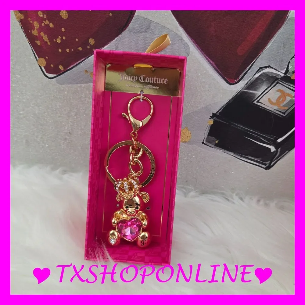 🧸👑Juicy Couture Teddy Bear with Pink Heart Gem Bag Charm Keychain🧸👑